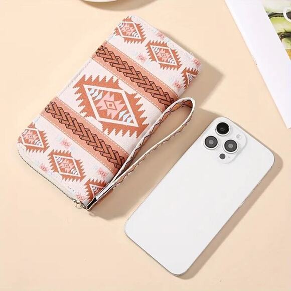 Aztec Print Double-Zip Wristlet Wallet – Neutral & Terracotta Boho Style - Picture 2 of 2